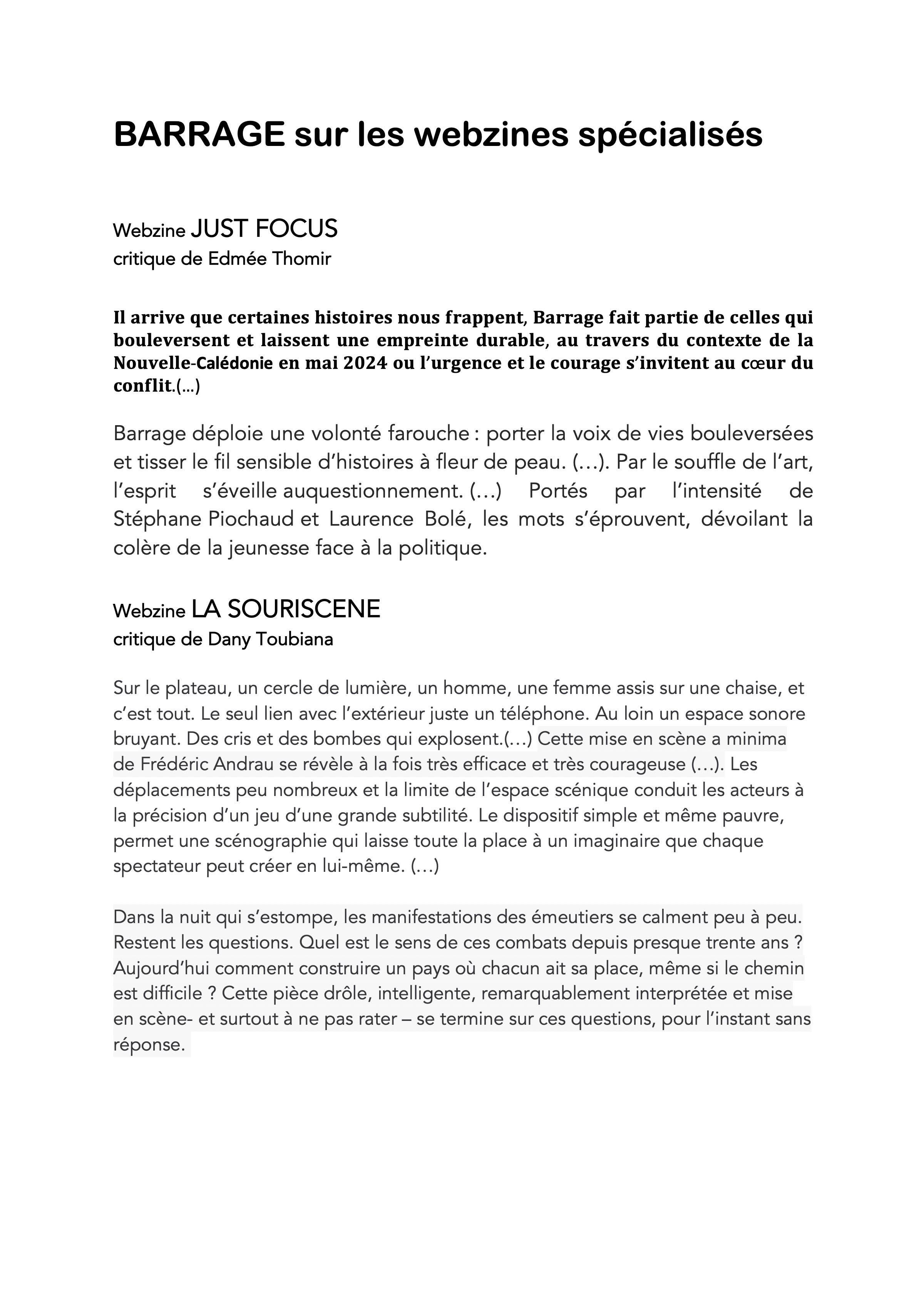 Just Focus et La Souriscène · 2025 — BARRAGE sur les webzines spécialisés