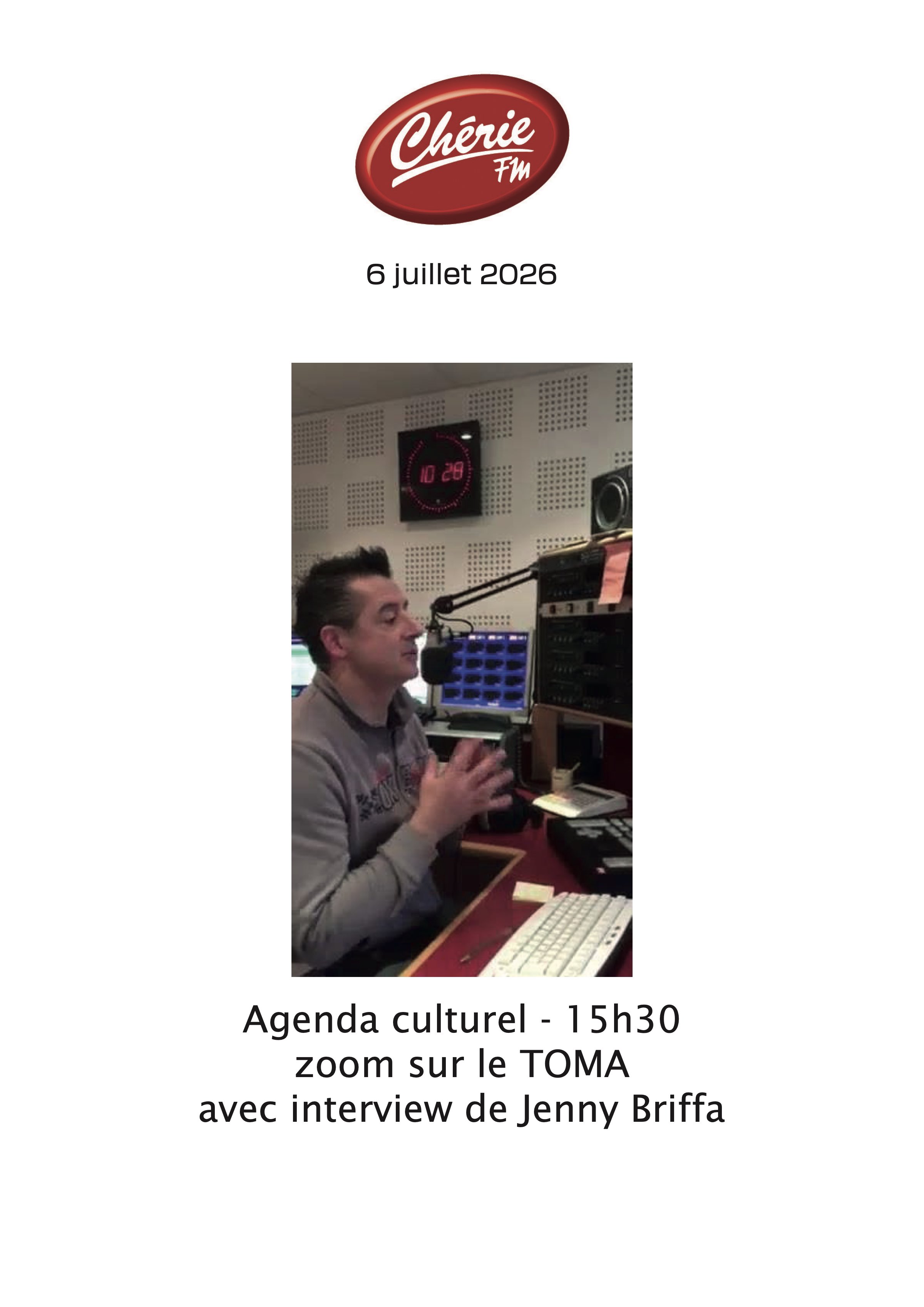 Chérie FM · 6 juillet 2026 — Agenda culturel — zoom sur le TOMA, avec une interview de Jenny Briffa