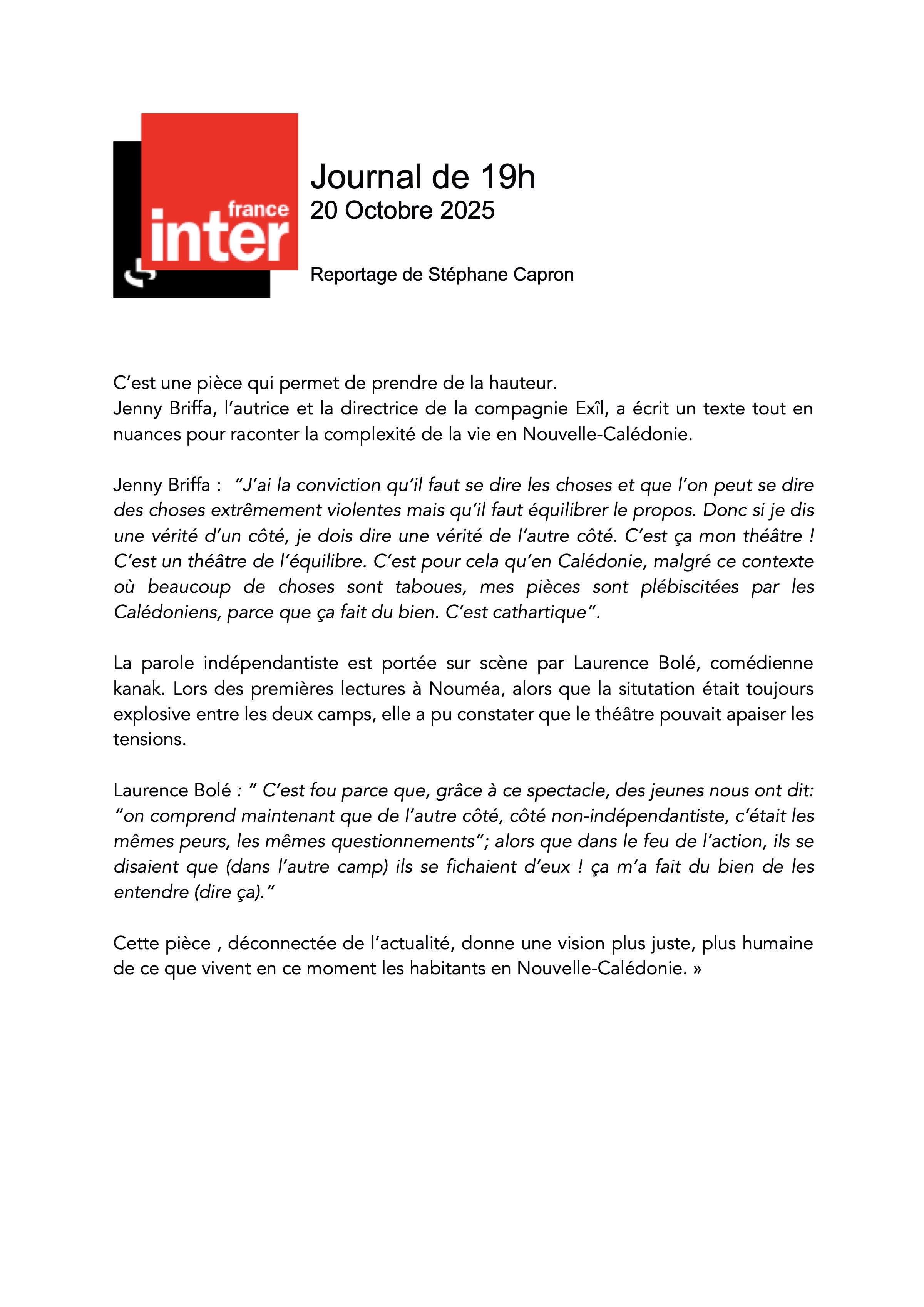 France Inter — Journal de 19 h · 20 octobre 2025 — Reportage de Stéphane Capron