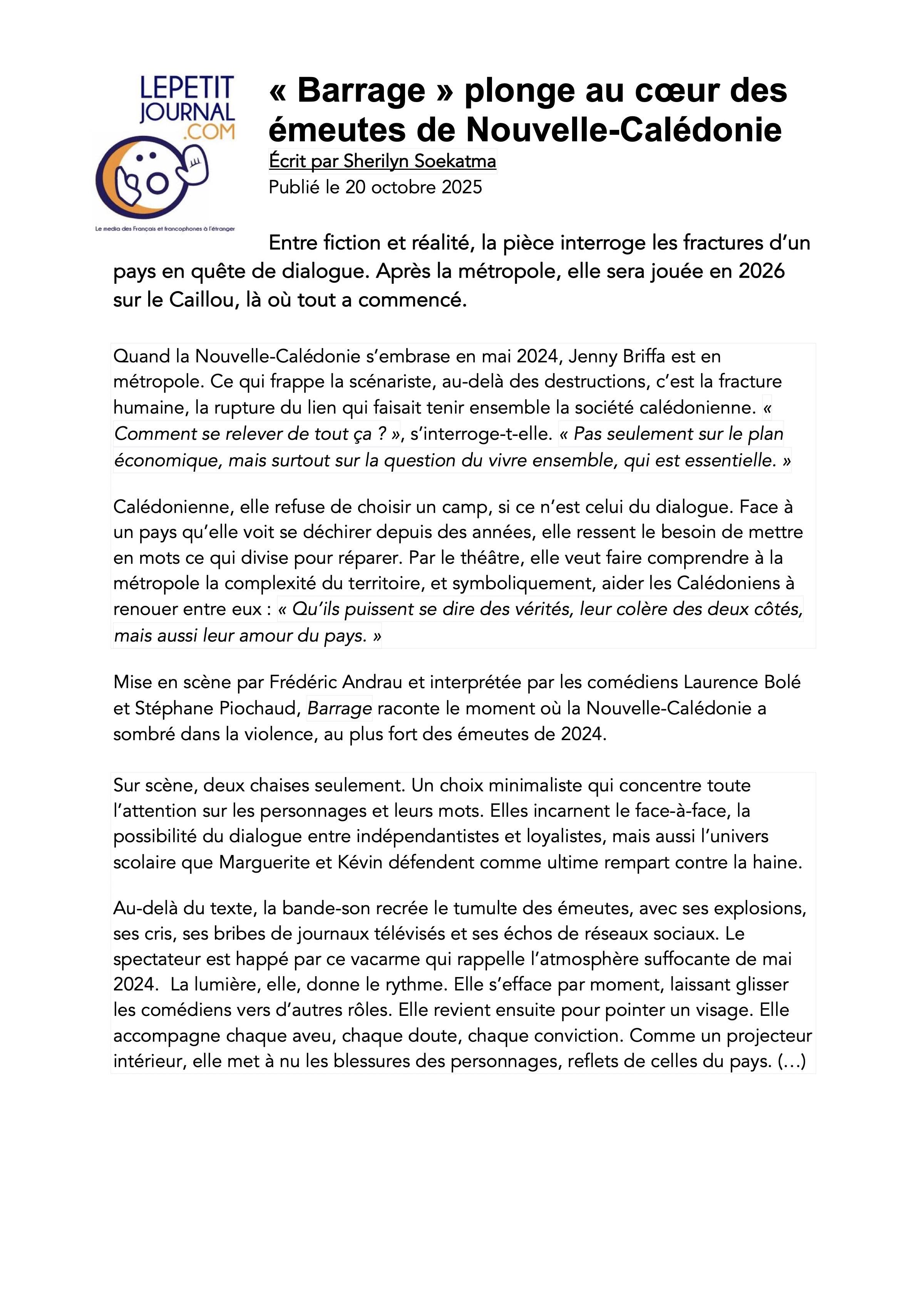 Lepetitjournal.com · 20 octobre 2025 — « Barrage » plonge au cœur des émeutes de Nouvelle-Calédonie