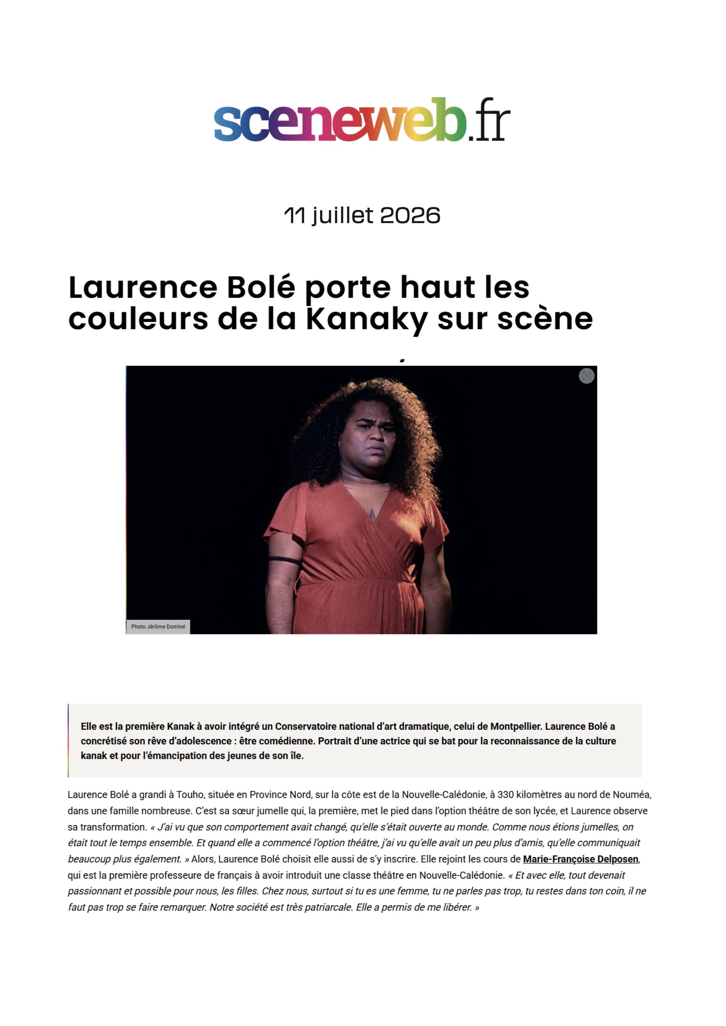 Sceneweb.fr · 11 juillet 2026 — Laurence Bolé porte haut les couleurs de la Kanaky sur scène · page 1/2