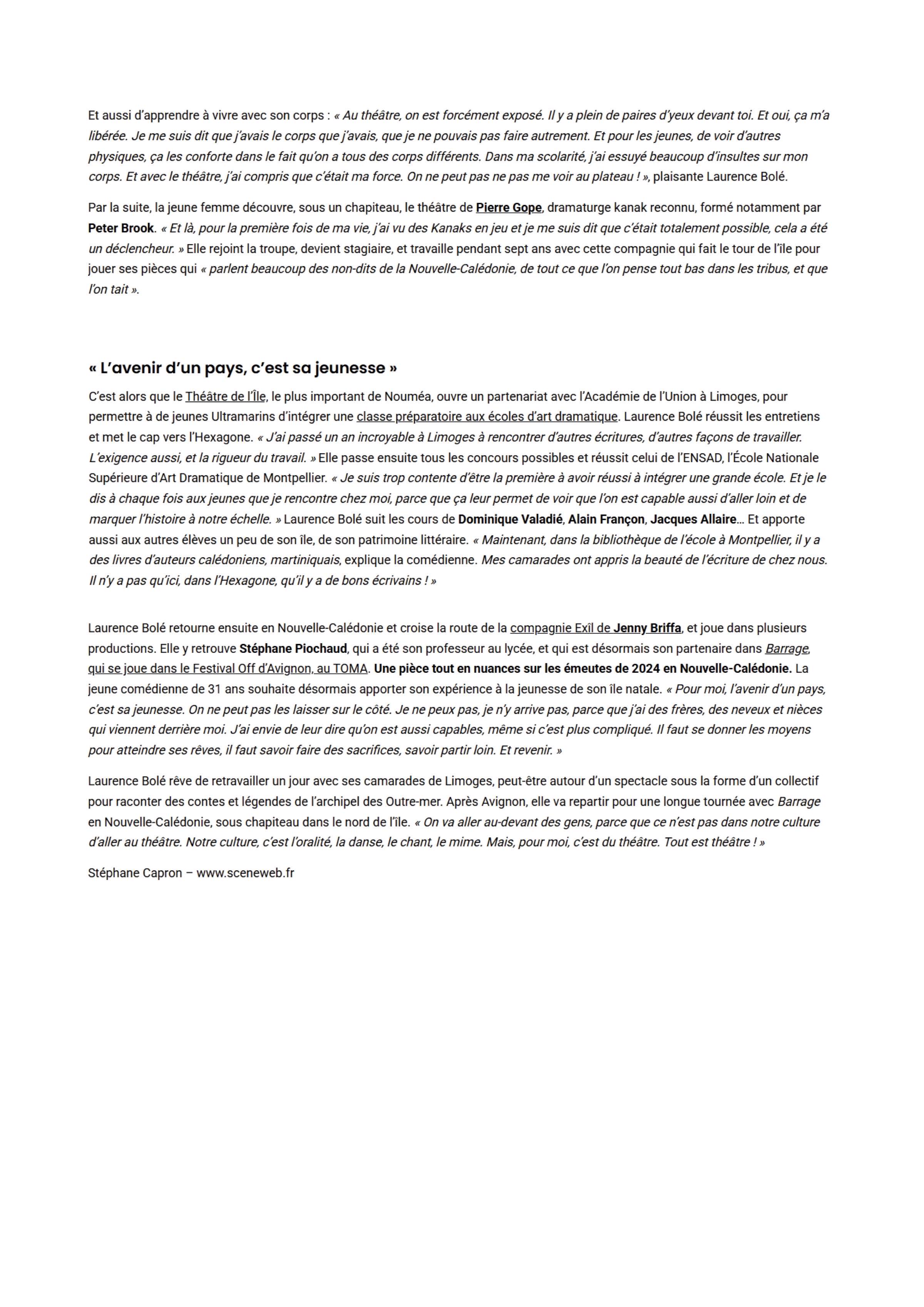 Sceneweb.fr · 11 juillet 2026 — Laurence Bolé porte haut les couleurs de la Kanaky sur scène · page 2/2