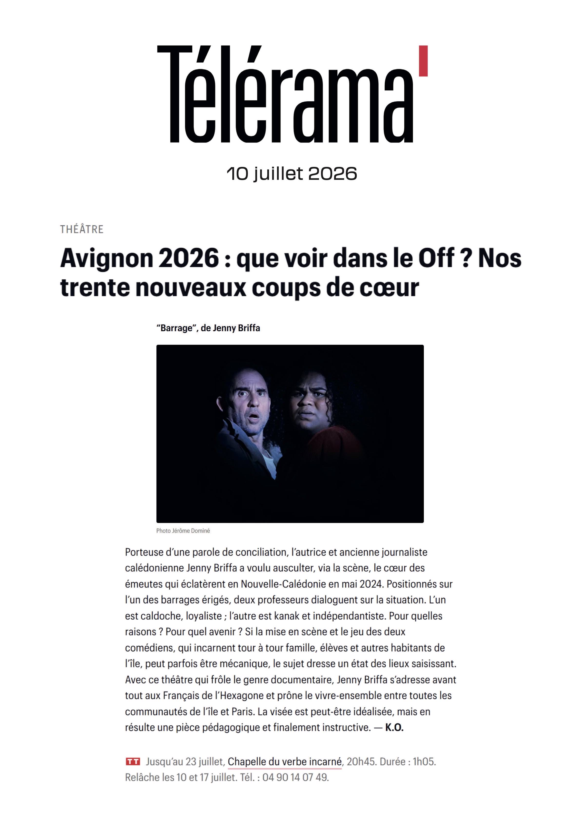 Télérama · 10 juillet 2026 — Avignon 2026 : que voir dans le Off ? Nos trente nouveaux coups de cœur