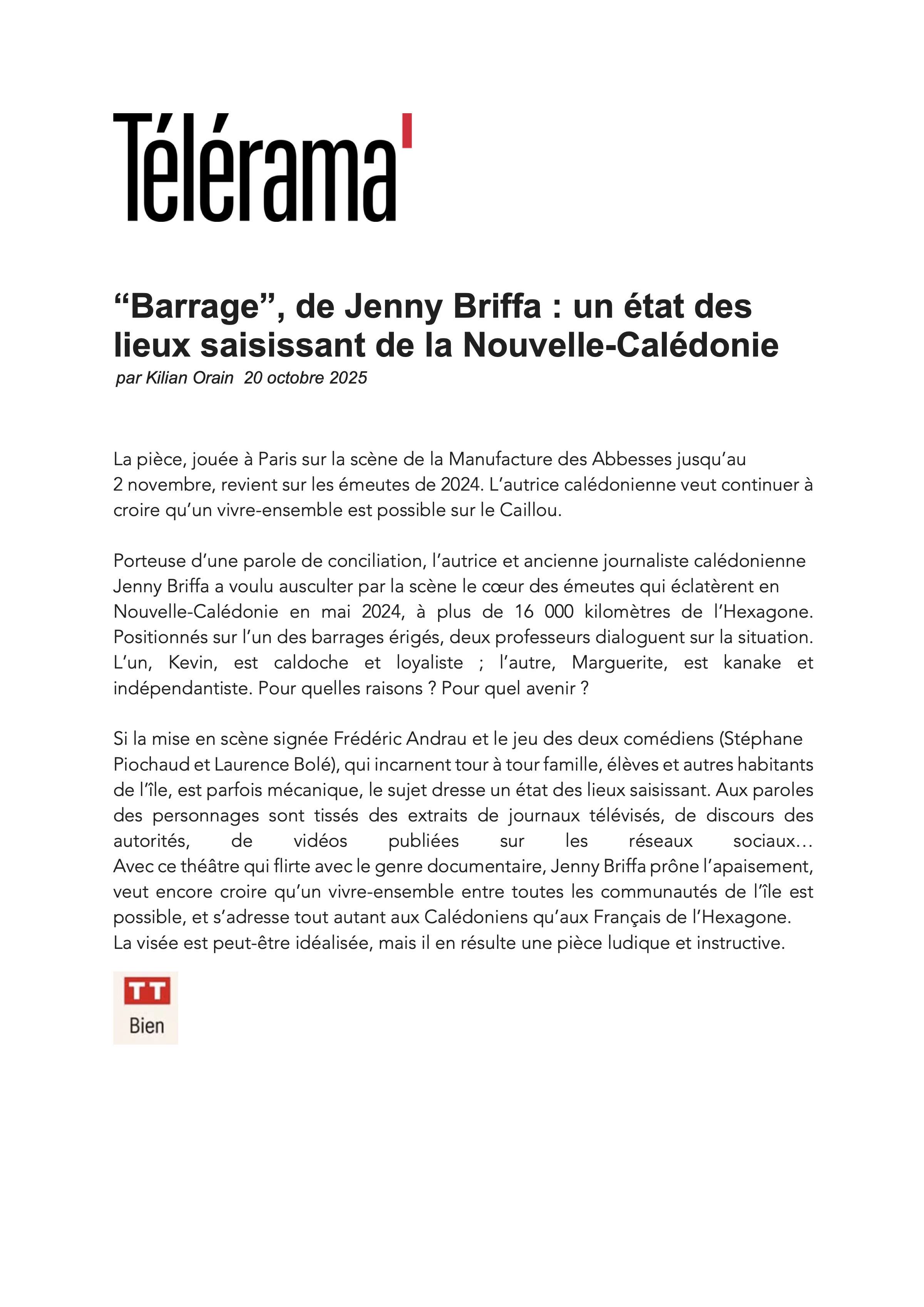 Télérama · 20 octobre 2025 — « Barrage », de Jenny Briffa : un état des lieux saisissant de la Nouvelle-Calédonie
